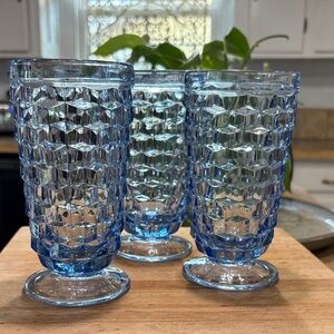 Set of 3 Blue Pressed Glass Pedestal Tumblers by